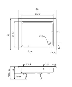 TEIKO ODEON sprchová vanička 90x75 cm, akrylát, bez nožičiek V132090N32T02001 Technický nákres