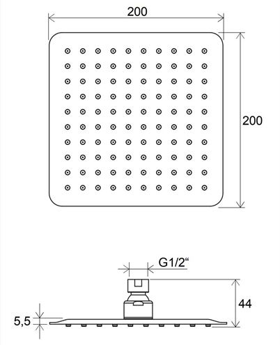 RAVAK CHROME 982.01 horná sprcha 200x200 mm, lesklý chróm X07P334 Technický nákres