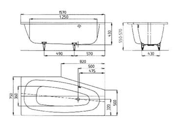 KALDEWEI MINI 832 rohová vaňa 157x75 cm, bez nožičiek, smaltovaná oceľ, Perl-Effekt 224800013001 Technický nákres