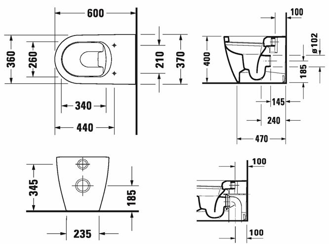 DURAVIT ME BY STARCK stacionárne WC, zadný odpad 2169090000 Technický nákres