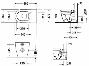 DURAVIT ME BY STARCK stacionárne WC, zadný odpad 2169090000 Technický nákres