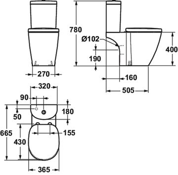 IDEAL STANDARD CONNECT ARC WC kombi nádržka, spodný prívod vody, 2 množstvo splachovania E785601 Technický nákres