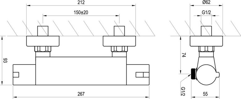 RAVAK TERMO 200 TE 072.00CR sprchová nástenná termostatická batéria, chróm X070051 Technický nákres