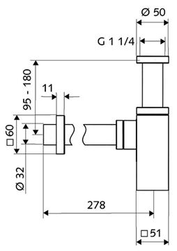 SCHELL QUAD dizajnový sifón k umývadlu DN32, s prevlečnou maticou 5/4, chróm 015050699 Technický nákres