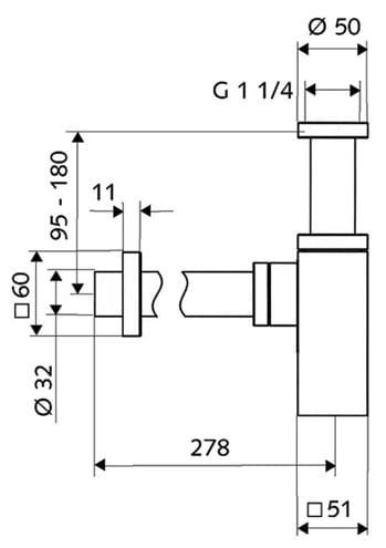 SCHELL QUAD dizajnový sifón k umývadlu DN32, s prevlečnou maticou 5/4, chróm 015050699 Technický nákres
