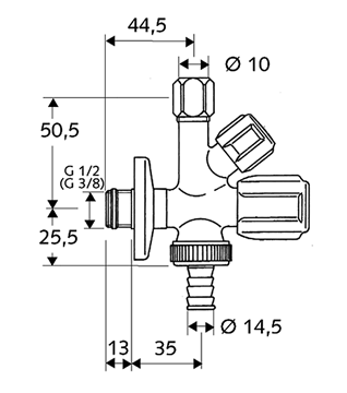 SCHELL COMFORT kombinovaný rohový ventil 1/2"x3/8"x3/4", chróm 035450699 Technický nákres