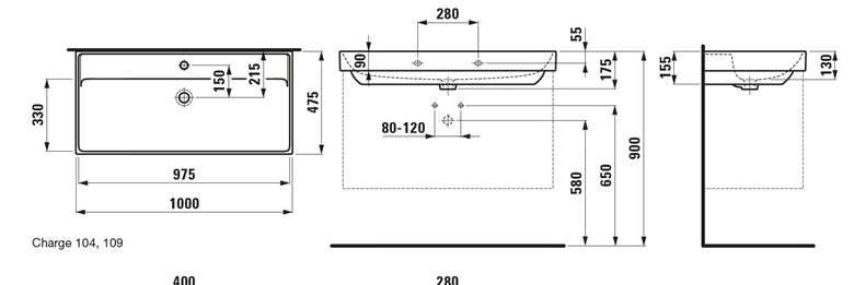 LAUFEN FIORA umývadlo 100 cm, s otvorom pre batériu a prepadom H810929000104L Technický nákres