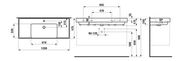LAUFEN FIORA umývadlo 120 cm, s otvorom pre batériu a prepadom H814920000104L Technický nákres