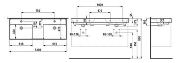 LAUFEN FIORA dvojumývadlo 130 cm, s 2 otvormi pre batérie a prepadom H814922000104L Technický nákres
