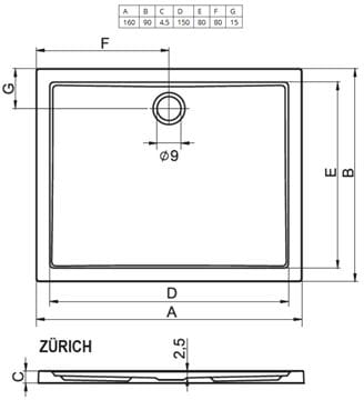 RIHO ZÜRICH 284 sprchová vanička 160x90 cm, akrylát, bez nožičiek D001011005 Technický nákres