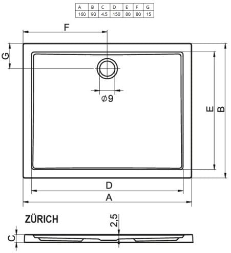 RIHO ZÜRICH 284 sprchová vanička 160x90 cm, akrylát, bez nožičiek D001011005 Technický nákres