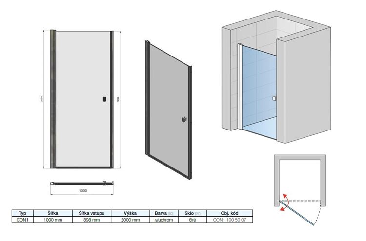 CONCEPT 200 sprchové dvere 100x200 cm, lietacie, aluchróm/sklo číre CON11005007 Technický nákres