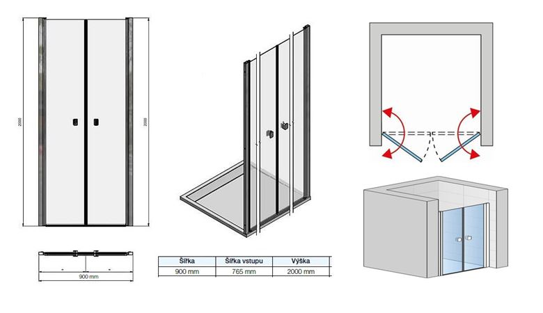 CONCEPT 200 sprchové dvere 90x200 cm, lietacie, aluchróm/číre sklo CON20905007 Technický nákres