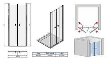 CONCEPT 200 sprchové dvere 90x200 cm, lietacie, aluchróm/číre sklo CON20905007 Technický nákres