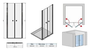 CONCEPT 200 sprchové dvere 90x200 cm, lietacie, čierna/číre sklo CON20900607 Technický nákres