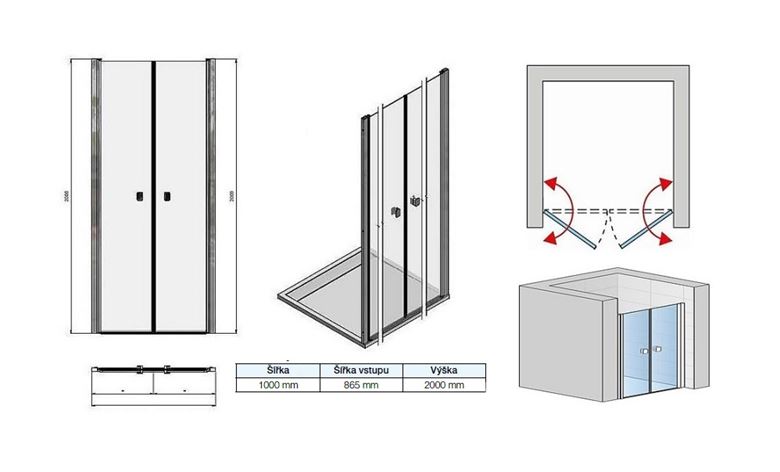 CONCEPT 200 sprchové dvere 100x200 cm, lietacie, čierna/číre sklo CON21000607 Technický nákres