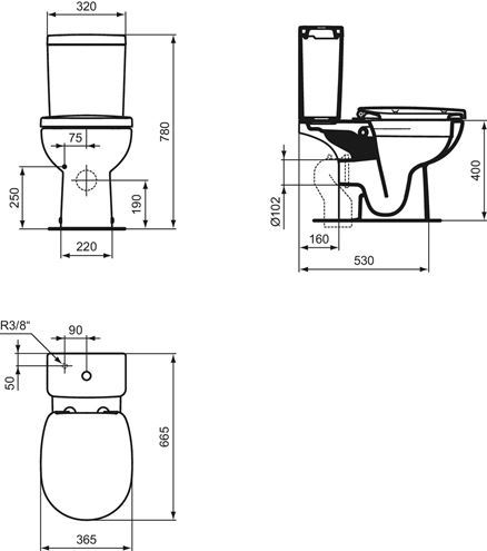 IDEAL STANDARD CONNECT WC kombi nádržka, spodné napúšťanie, 2 množstvo splachovania E797001 Technický nákres