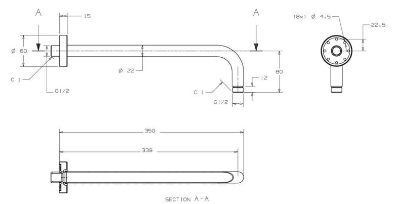CONCEPT 200 sprchové rameno 350 mm, nástenné, chróm PM10086/CO Technický nákres