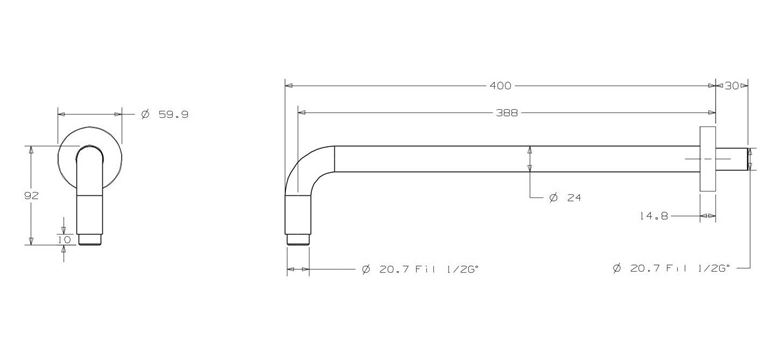 CONCEPT 200 BLACK sprchové rameno 400 mm, nástenné, matná čierna PM10013/MB Technický nákres