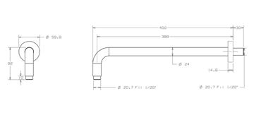 CONCEPT 200 BLACK sprchové rameno 400 mm, nástenné, matná čierna PM10013/MB Technický nákres