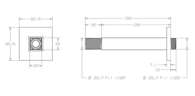 CONCEPT 200 BLACK sprchové rameno 125 mm, stropné, matná čierna PM10015/MB/CO Technický nákres