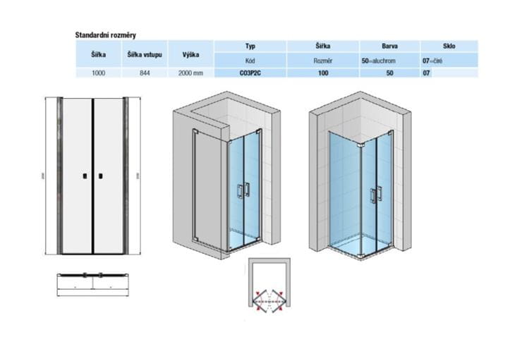 CONCEPT 300 STYLE sprchové dvere 100x200 cm, lietacie, aluchróm/číre sklo CO3P2C 100 50 07 Technický nákres