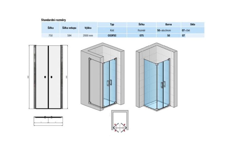 CONCEPT 300 STYLE sprchové dvere 75x200 cm, lietacie, aluchróm/číre sklo CO3P2C 075 50 07 Technický nákres