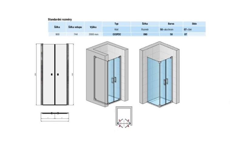 CONCEPT 300 STYLE sprchové dvere 90x200 cm, lietacie, aluchróm/číre sklo CO3P2C 090 50 07 Technický nákres