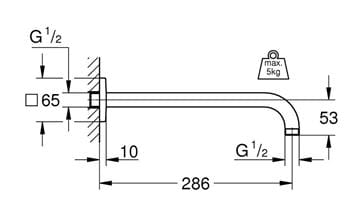 GROHE RAINSHOWER sprchové rameno 286 mm, nástenné, chróm 27488000 Technický nákres