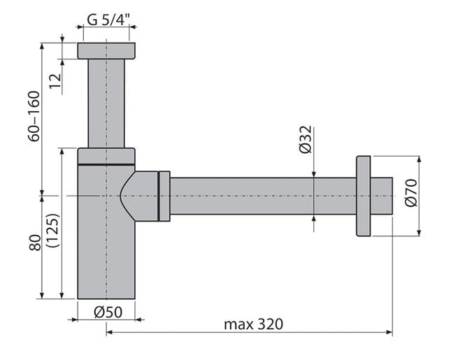 ALCA dizajnový sifón k umývadlu DN32, s prevlečnou maticou 5/4, kartáčovaný gun metal A400-GM-B Technický nákres