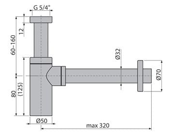ALCA dizajnový sifón k umývadlu DN32, s prevlečnou maticou 5/4, kartáčovaný gun metal A400-GM-B Technický nákres