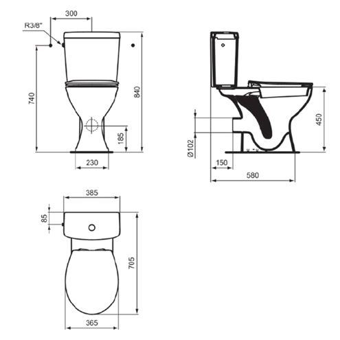IDEAL STANDARD CONTOUR 21 WC kombi nádržka, bočný prívod vody, 2 množstvo splachovania E876001 Technický nákres