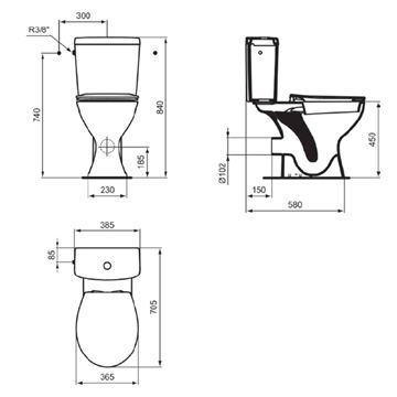 IDEAL STANDARD CONTOUR 21 WC kombi nádržka, bočný prívod vody, 2 množstvo splachovania E876001 Technický nákres