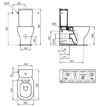 IDEAL STANDARD TESI WC kombi misa, Aquablade splachovanie, zadný odpad T008201 Technický nákres
