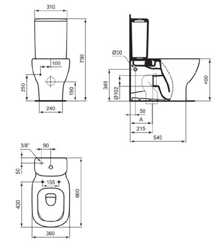 IDEAL STANDARD TESI WC kombi nádržka, spodný prívod vody, 2 množstvo splachovania T356801 Technický nákres