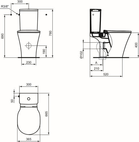 IDEAL STANDARD CONNECT AIR CUBE WC kombi nádržka, spodný prívod vody, 2 množstvo splachovania E073401 Technický nákres