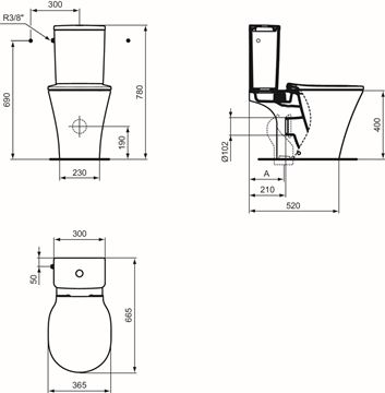 IDEAL STANDARD CONNECT AIR CUBE WC kombi nádržka, spodný prívod vody, 2 množstvo splachovania E073401 Technický nákres