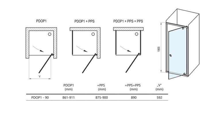 CONCEPT PIVOT STYLE PT-PDOP1 sprchové dvere 90x190 cm, pivotové, lesklý chróm/číre sklo 03G70C00Z15 Technický nákres