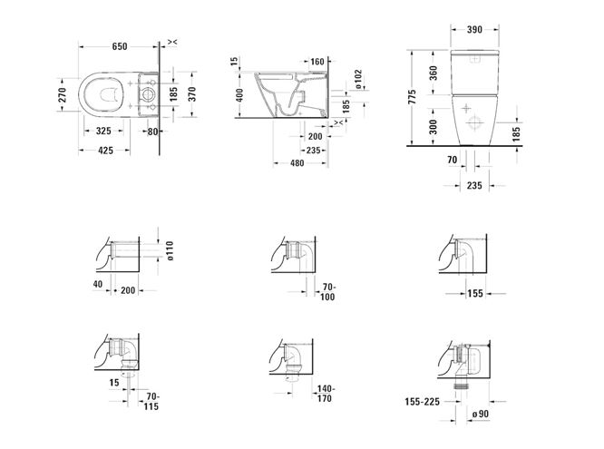 DURAVIT D-NEO WC kombi misa, Rimless splachovanie, vario odpad, HygieneGlaze 2002092000 Technický nákres