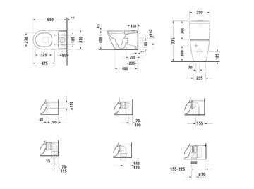 DURAVIT D-NEO WC kombi misa, Rimless splachovanie, vario odpad, HygieneGlaze 2002092000 Technický nákres