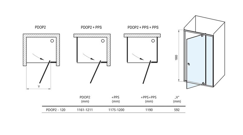 CONCEPT PIVOT STYLE PT-PDOP2 sprchové dvere 120x190 cm, pivotové, čierna / číre sklo 03GG0300Z15 Technický nákres