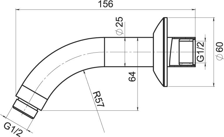 NOVASERVIS sprchové rameno 156 mm, nástenné, chróm RAM200,0 Technický nákres