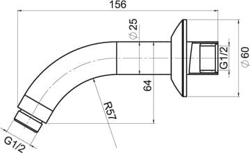 NOVASERVIS sprchové rameno 156 mm, nástenné, chróm RAM200,0 Technický nákres