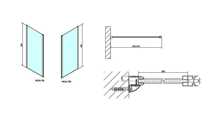 POLYSAN MODULAR SHOWER bočná stena 70x200 cm, aluchróm/číre sklo MS3A-70 Technický nákres