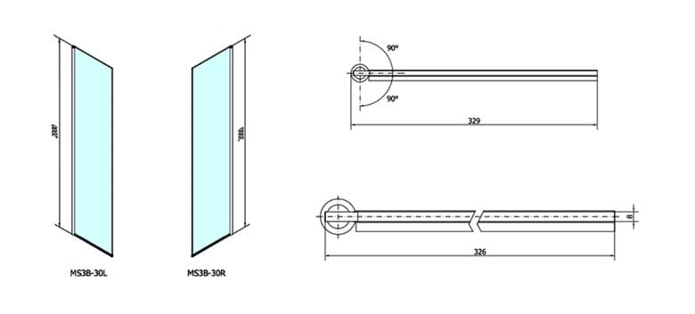 POLYSAN MODULAR SHOWER prídavná stena 30x200 cm, otočná, aluchróm/číre sklo MS3B-30 Technický nákres