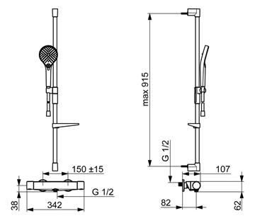 HANSA OPTIMA sprchový set s termostatickou batériou, ručná sprcha, tyč, hadica, chróm 48130331 Technický nákres