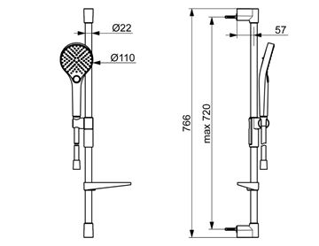 HANSA VIVA vsprchová súprava 4-dielna, ručná sprcha pr. 110 mm, 3 prúdy, tyč, hadica, mydelnička, chróm 44160210 Technický nákres