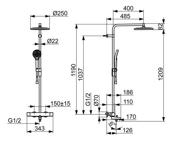 HANSA VIVA vaňová termostatická batéria, s hornou a ručnou sprchou, chróm 65162201 Technický nákres
