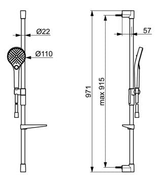 HANSA VIVA sprchová súprava 4-dielna, ručná sprcha pr. 110 mm, 3 prúdy, tyč, hadica, mydelnička, Eco, chróm 441503300009 Technický nákres