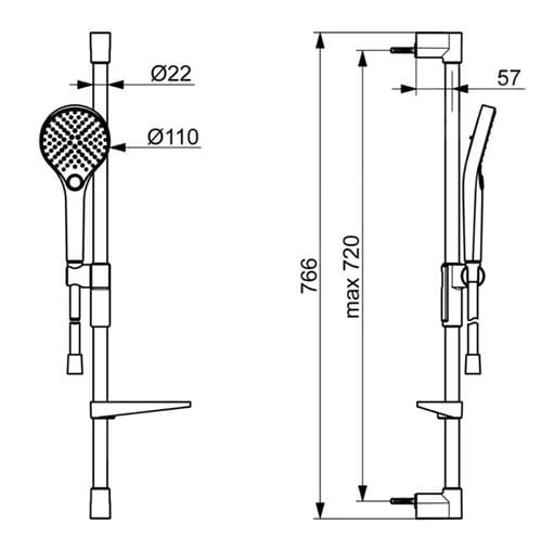 HANSA VIVA sprchová súprava 4-dielna, ručná sprcha pr. 110 mm, 3 prúdy, tyč, hadica, mydelnička, Eco, chróm 441602100009 Technický nákres